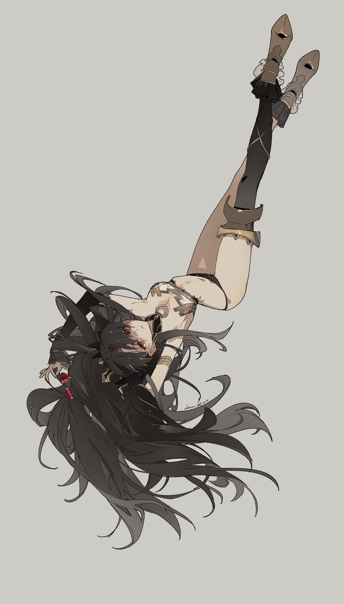 the image is a digital illustration of a young animestyle woman with long black hair falling upside down. she is wearing elegant boots and a mysterious outfit with patterns and gold accents. her expression is one of sadness or pain, and her pose is both graceful and vulnerable. the overall style is ethereal and mystical, with an emphasis on detail and intricate linework. the color palette is muted, creating a melancholic mood. the background is a plain light grey, making the figure the clear focal point.
