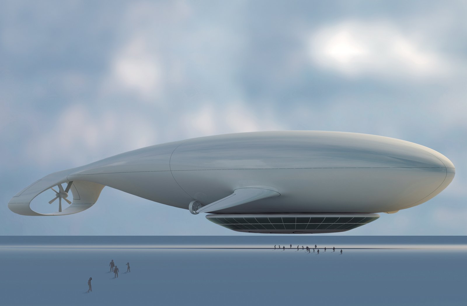 a futuristic airship hovers above a body of water, with a group of people walking on the ground below. the airship has a sleek white design with a large window on its underside and a powerful engine at the front. the sky is clear and blue, with wispy clouds floating by. the image captures a sense of anticipation and excitement about the possibilities of futuristic transportation.