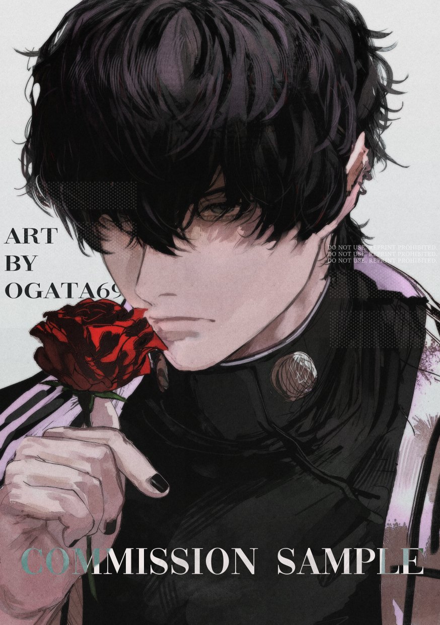 this is a digital art illustration of an anime/manga style male character. he has black hair and black eyes and is wearing a black school uniform jacket. the character has a rose in his hand, and he is looking at the camera. the image is labelled with the words "art by ogata69" and "commission sample."