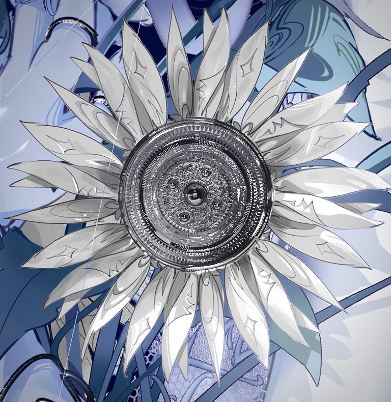 a digital abstract design of a white flower with a silver center. the flower is geometrically patterned and has intricate details. the background is a blue and white pattern that complements the flower design.