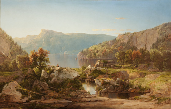 a landscape painting depicts a serene lake surrounded by mountains, trees, and rocks. a small cabin sits on the shore, and a person is fishing on the rocks. the scene conveys a sense of peace and tranquility in the wilderness. the foliage shows signs of autumn colors.