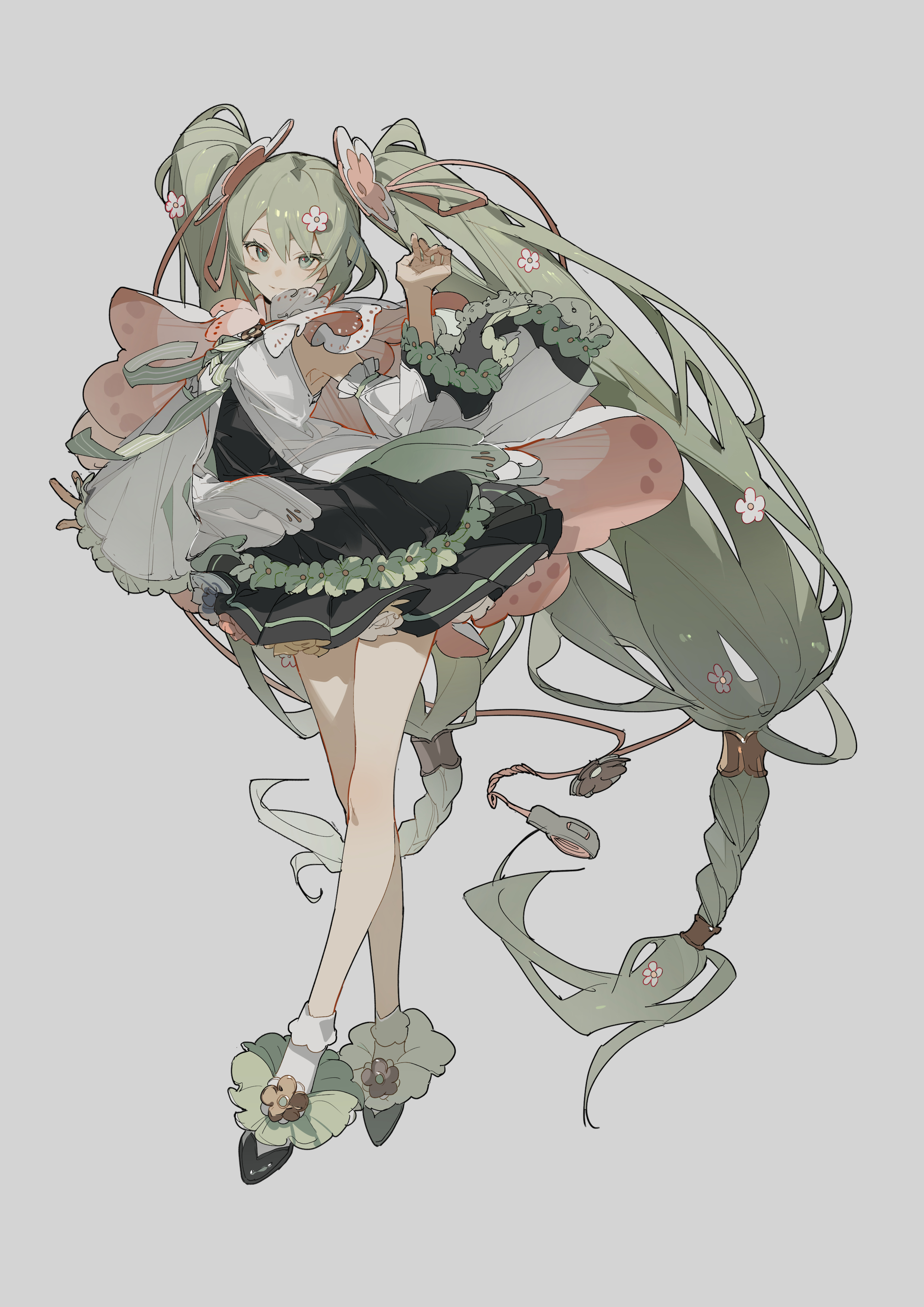 he image is a digital illustration of a young animestyle girl. she has long, flowing green hair adorned with small flowers. her attire is a layered dress in shades of green, black, and white with floral accents.  she wears delicate shoes and socks. the overall aesthetic is whimsical and magical, with a light and airy feel. the background is a simple, light gray, allowing the character to be the focal point.  the style is soft and detailed, with attention paid to the texture of the clothing and hair.  the character's pose and expression are slightly playful and innocent.