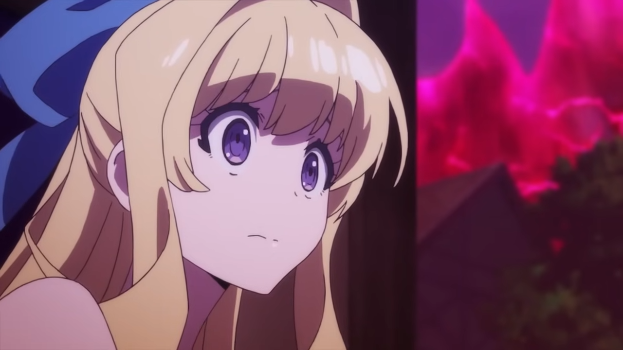 a closeup illustration of a young anime girl with blonde hair and blue eyes.  she wears her hair with a blue bow and is lit with soft purple lighting with a rim light accenting her from behind.  she appears concerned as she looks upward and to the left.  the background behind her is dark with purple and pink hues.
