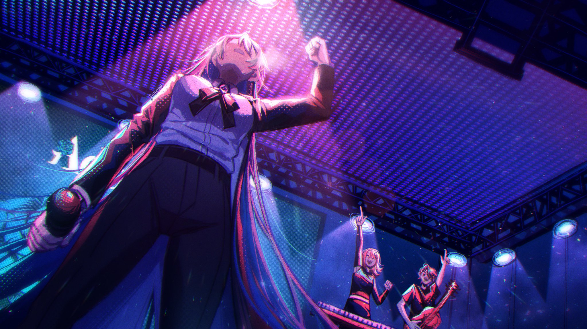 the image is a digital illustration of an anime girl singer performing on stage. the singer has long purple hair, is wearing a black suit and white shirt, and is holding a microphone. the singer is surrounded by stage lights and the stage is lit with purple and blue light. there are two other anime girls on stage, one playing a keyboard and another playing a guitar. the background is a dark blue and purple color with purple lights. the image is drawn in a manga style, with vibrant colors and exaggerated features. the image depicts the energy and excitement of a live music performance.