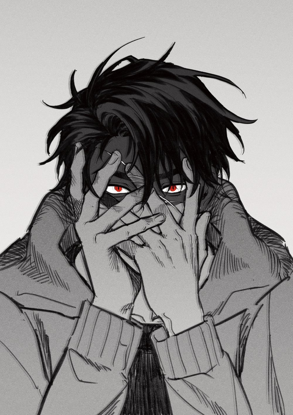a black and white drawing of a man with dark hair and red eyes. the man is covering his face with his hands. his expression is serious and he appears to be feeling something negative. the image is drawn in a style similar to anime or manga and is full of shadow and mystery.