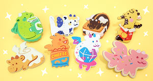 a closeup shot showcasing a collection of charming, pastelcolored pins featuring adorable dragon designs with various foodthemed elements.  the pins have a kawaii aesthetic, depicting dragons holding jars of jam, resembling ice cream sandwiches, cheese puffs, and cookies with sprinkles.  the background is a bright yellow, enhancing the vibrant colors of the pins. the overall style is playful and whimsical.
