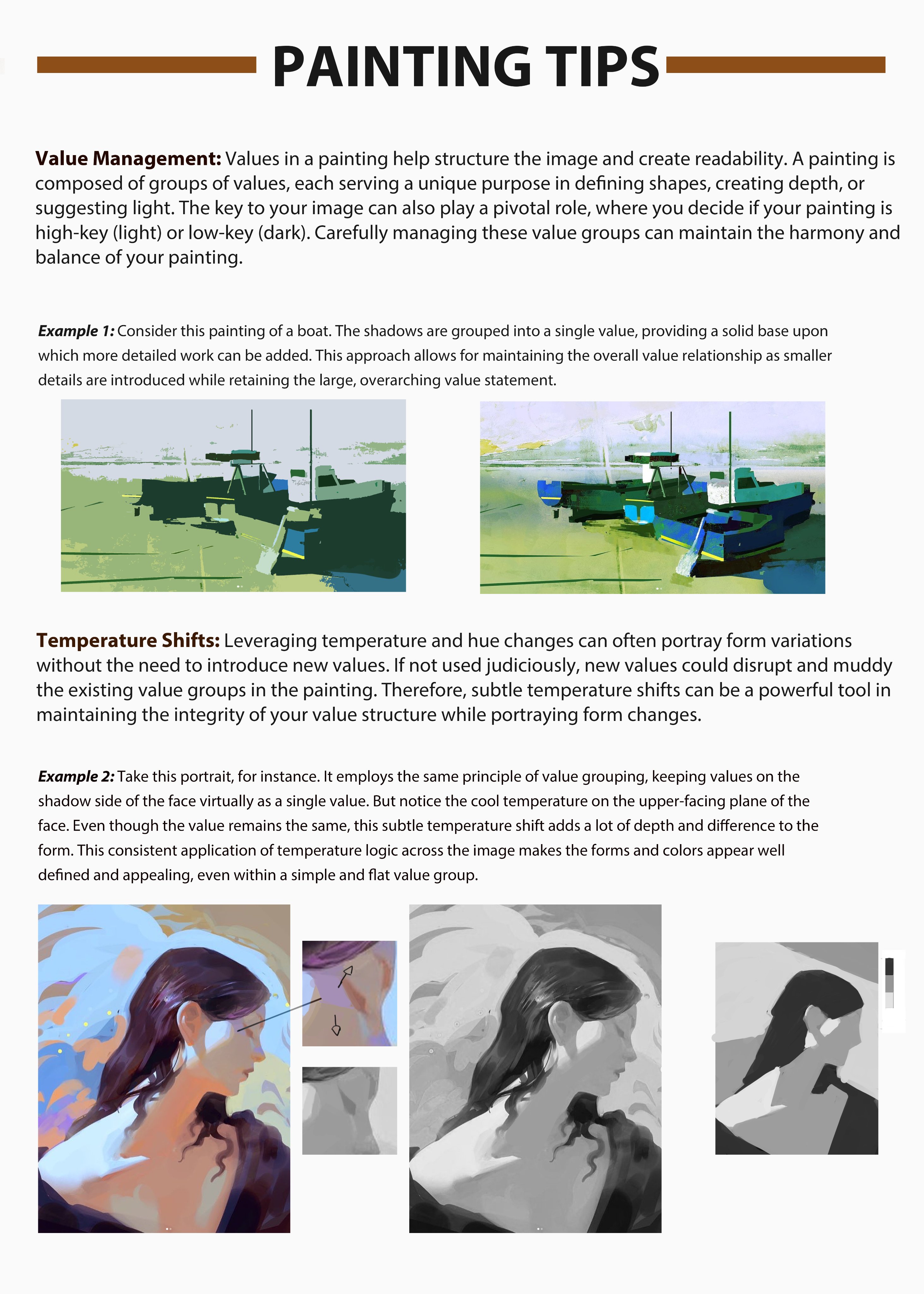 the image shows a series of tips for painting, with a focus on value management and temperature shifts. the first example shows a painting of boats where the shadows are grouped into a single value, creating a strong foundation. the second example shows a portrait where subtle temperature shifts are used to create depth and form, even within a simple value group. the image also includes explanations and examples for each tip.