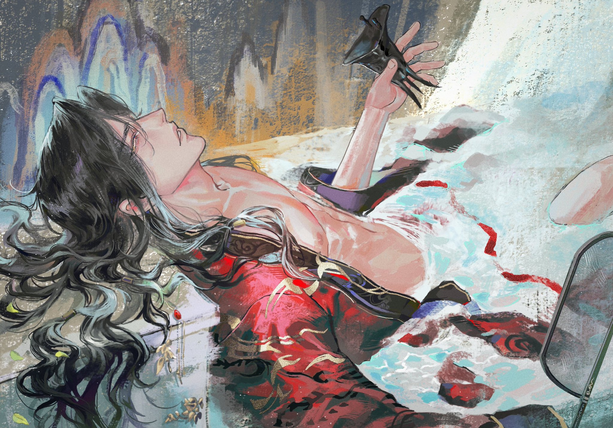 this digital painting features a male anime character with long black hair, lying down in a dreamlike, ethereal setting. he is wearing a red and gold robe with intricate patterns, and is surrounded by swirling blue and white textures. the background is a blur of colors and shapes, adding to the dreamlike feel of the image. the character's relaxed posture and closed eyes suggest a state of peace or contemplation, perhaps even sleep. the overall mood of the painting is mysterious and magical, leaving the viewer to imagine the story behind the character's dream.