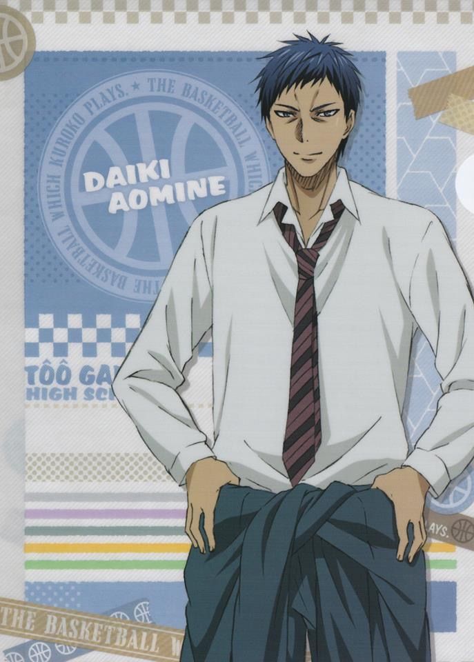 the image is a portrait illustration of daiki aomine from the anime kuroko's basketball. he is standing in a pose with a white shirt, a blue tie, and black pants. he has a gray jacket hanging off his hips. he is smiling and looking at the viewer. he has short, blue hair, and brown eyes. he is standing in front of a colorful background with a basketball logo on it. the background has a lot of patterns, and the text "kuroko plays" is in the top left corner of the image.