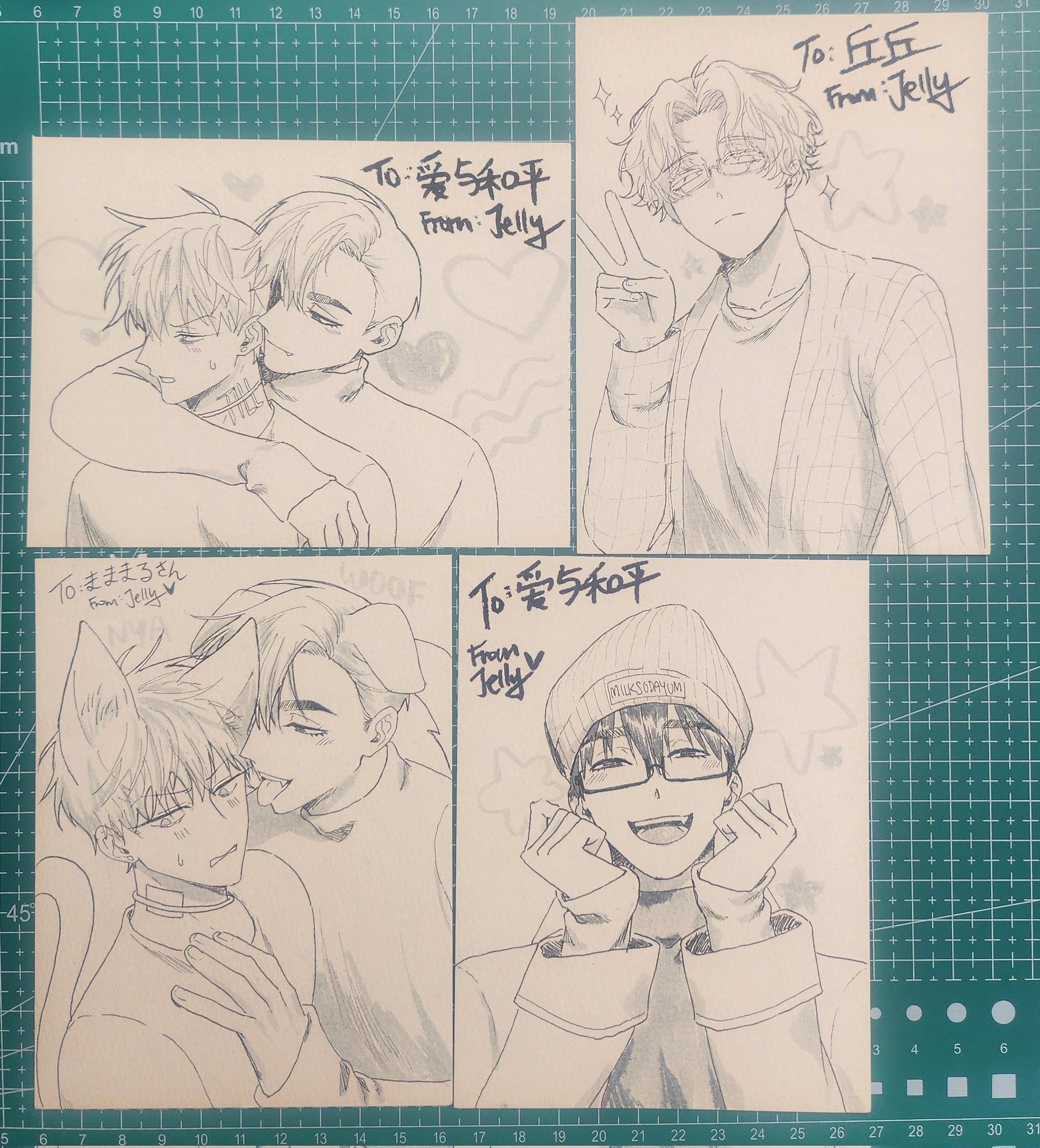 the image is a collection of four mangastyle drawings. each drawing is a portrait of a pair of characters. the characters are all young and appear to be romantically involved. the drawings are done in pencil and have a soft, romantic style. the text on the drawings is in japanese and is written in a flowing script. it is likely that the drawings were made as gifts, as they are all addressed to a specific person. the drawings are very detailed and show a lot of emotion. they are a great example of the beautiful and expressive nature of manga art.