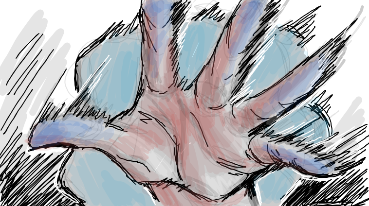 the image is a stylized, abstract drawing or digital painting of a hand reaching out. the hand is depicted with expressive lines and washes of color, primarily blues, reds, and grays, giving it a dynamic and energetic feel.  the background is mostly white with dark scribbled lines suggesting movement or depth. the style blends elements of sketching, painting, and possibly digital effects to create a textured, expressive piece. the overall impression is one of urgency or struggle, as the hand appears to be grabbing or pushing against something unseen.