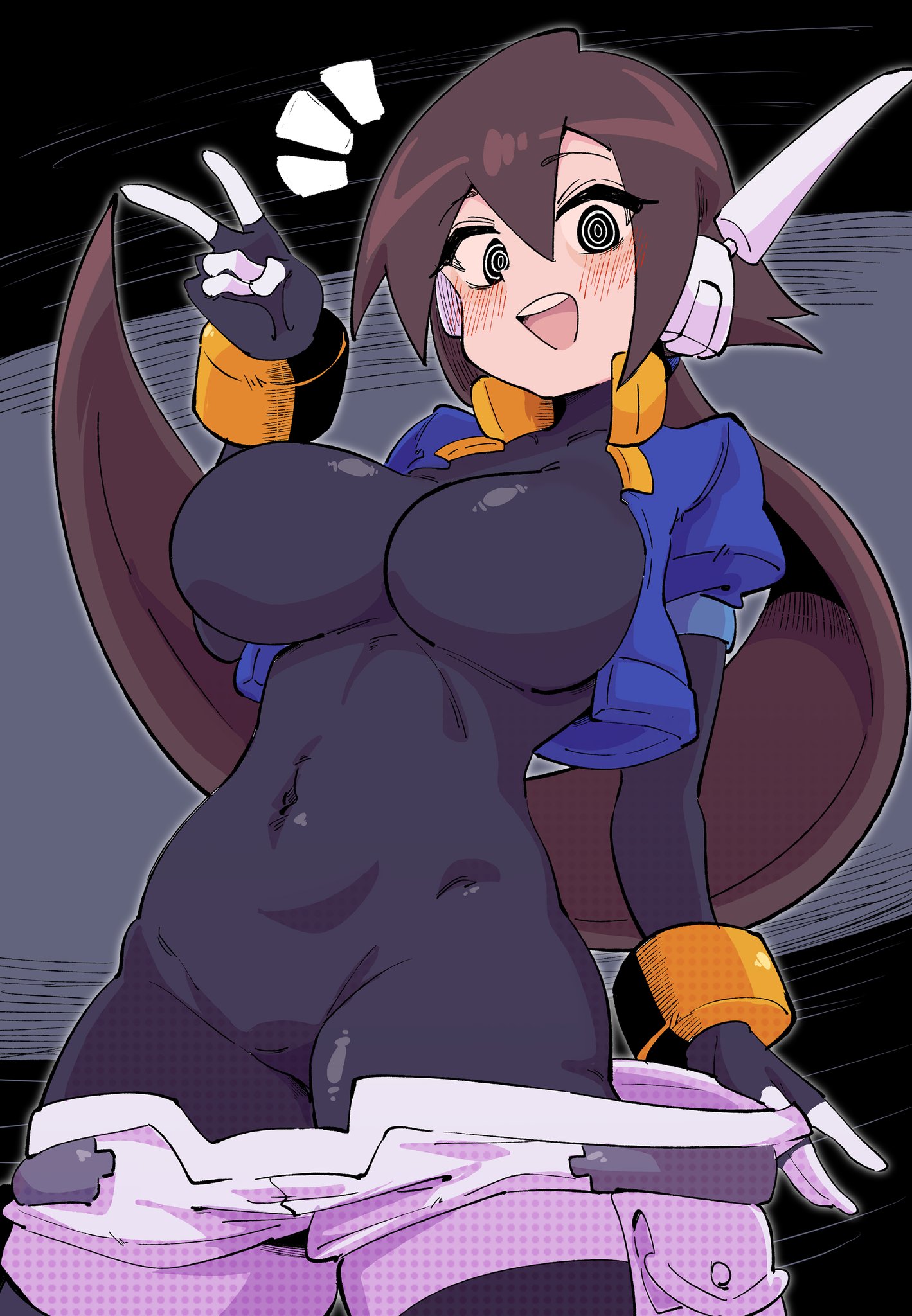 an anime girl with long brown hair smiles excitedly at the viewer. she is dressed in a black and white jumpsuit with a blue jacket and yellow gloves. she is standing against a black background and has a bright, cheerful expression on her face.