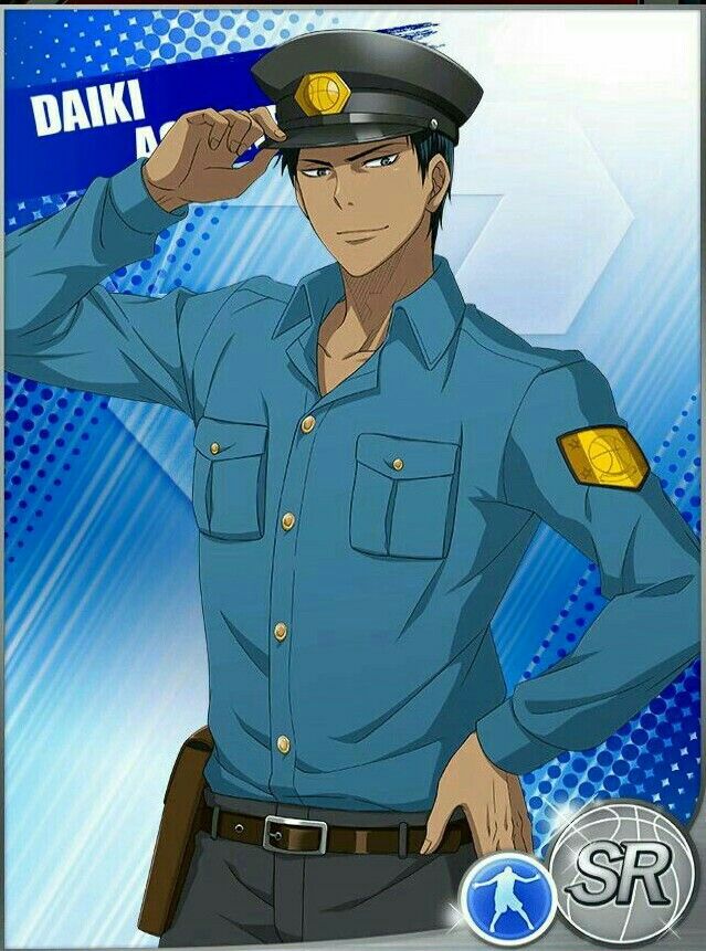 this is an anime character card of aomine daiki from kuroko no basket. he is wearing a blue shirt, brown trousers, and a black belt. he has black hair and brown eyes, and he is wearing a police cap. there is a basketball badge on his right sleeve and a basketball logo on the bottom right corner of the card. the card is labeled "sr" in the bottom right corner.