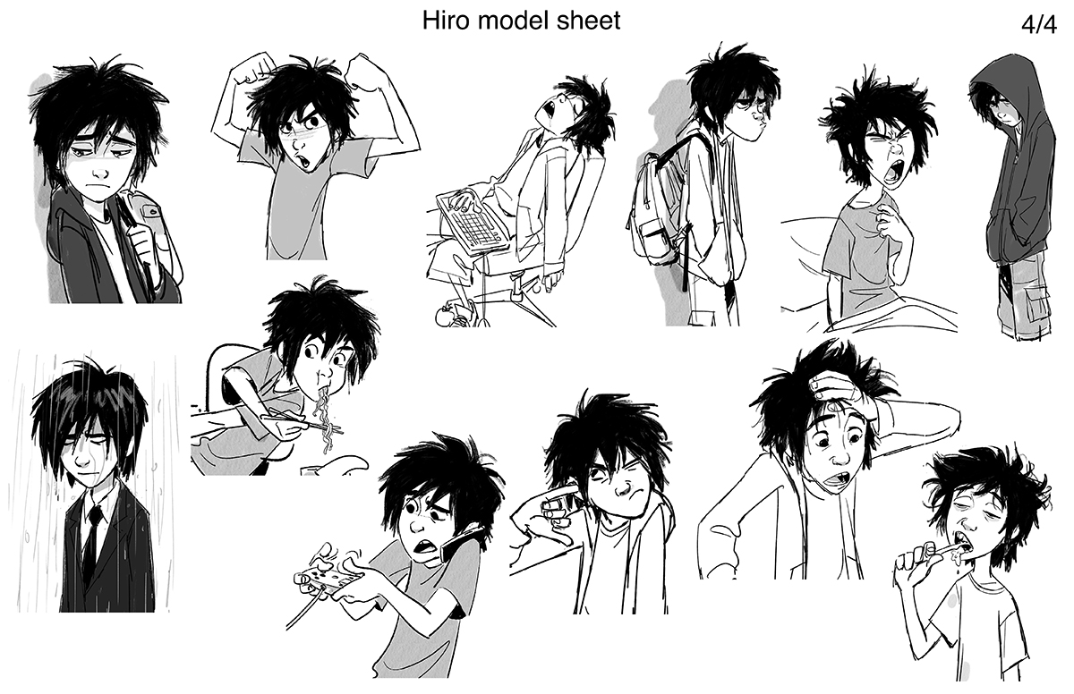 this image is a black and white character model sheet of hiro hamada from disney's big hero 6. it showcases various expressions and poses of the character, drawn in a dynamic and expressive style. the drawings capture hiro in different emotional states and physical actions, providing animators with a guide for depicting the character's personality and movements.