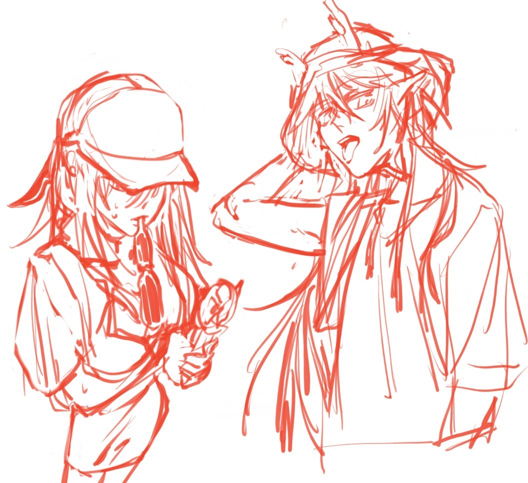 this is a sketch of two anime characters drawn in red ink on white paper. both characters are women with long hair and are drawn in a simple, sketchy style. the woman on the left is wearing a cap and a shirt, while the woman on the right is wearing a shirt. the woman on the right is also shown making a playful gesture with her hand on her head. the lines are loose and gestural, suggesting that the drawing is a preliminary sketch.