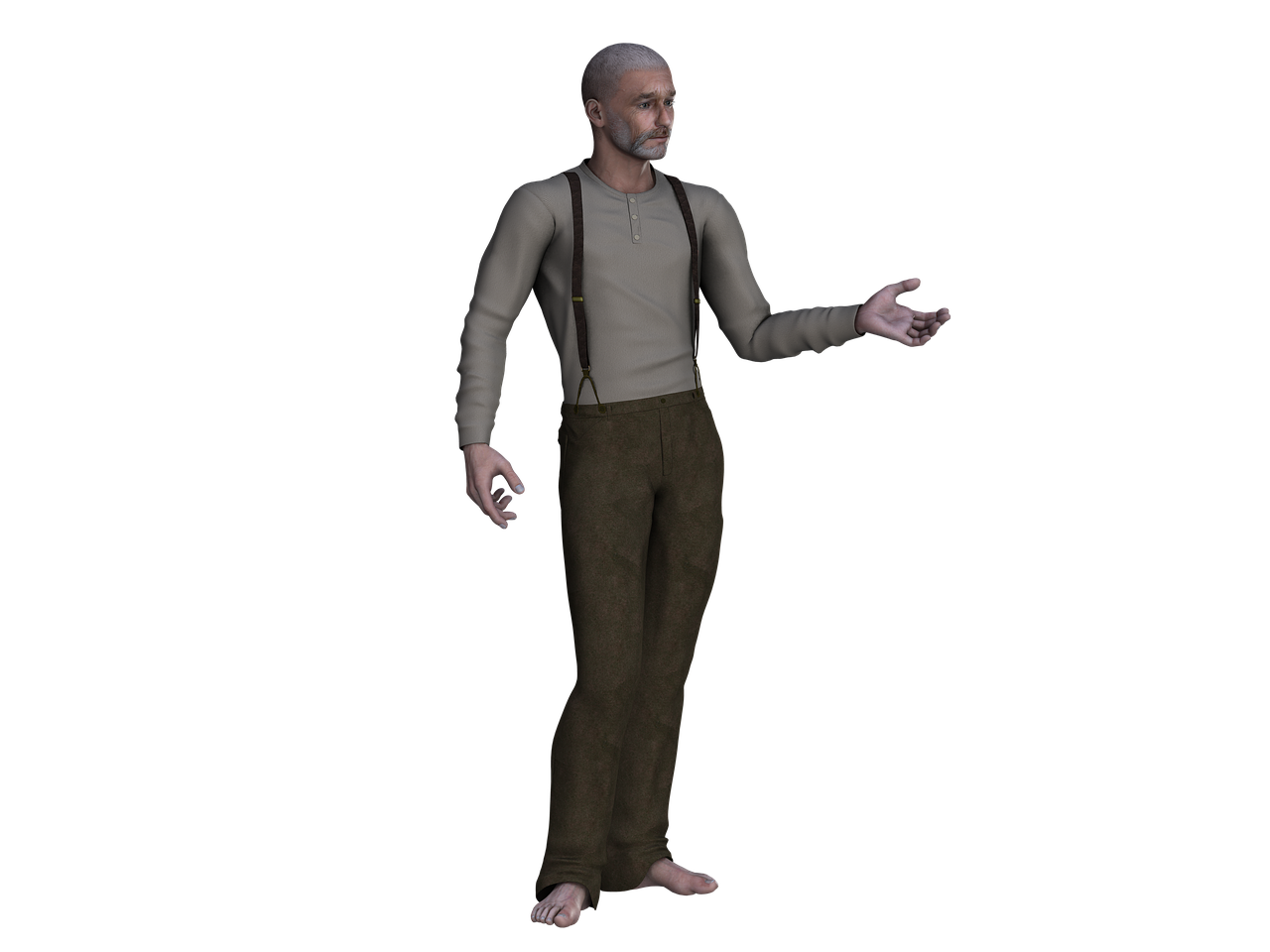 a 3d render of an older man with grey hair and a grey beard standing barefoot against a black background. he's wearing a longsleeved, buttoned shirt and brown trousers held up by suspenders. his right hand is open, palm up, in a gesture of offering or questioning.