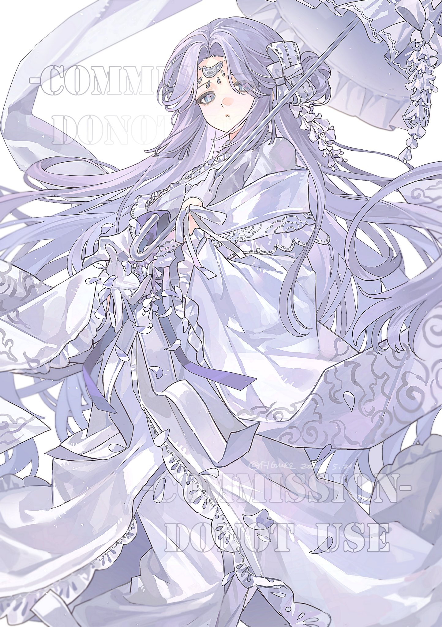 an animestyle illustration of a girl with long, flowing lavender hair, wearing a white dress with intricate details like frills and ribbons. she holds a parasol and has a headpiece with a moon design. the image is watermarked with "commission  do not use." the overall style is fantastical and detailed.