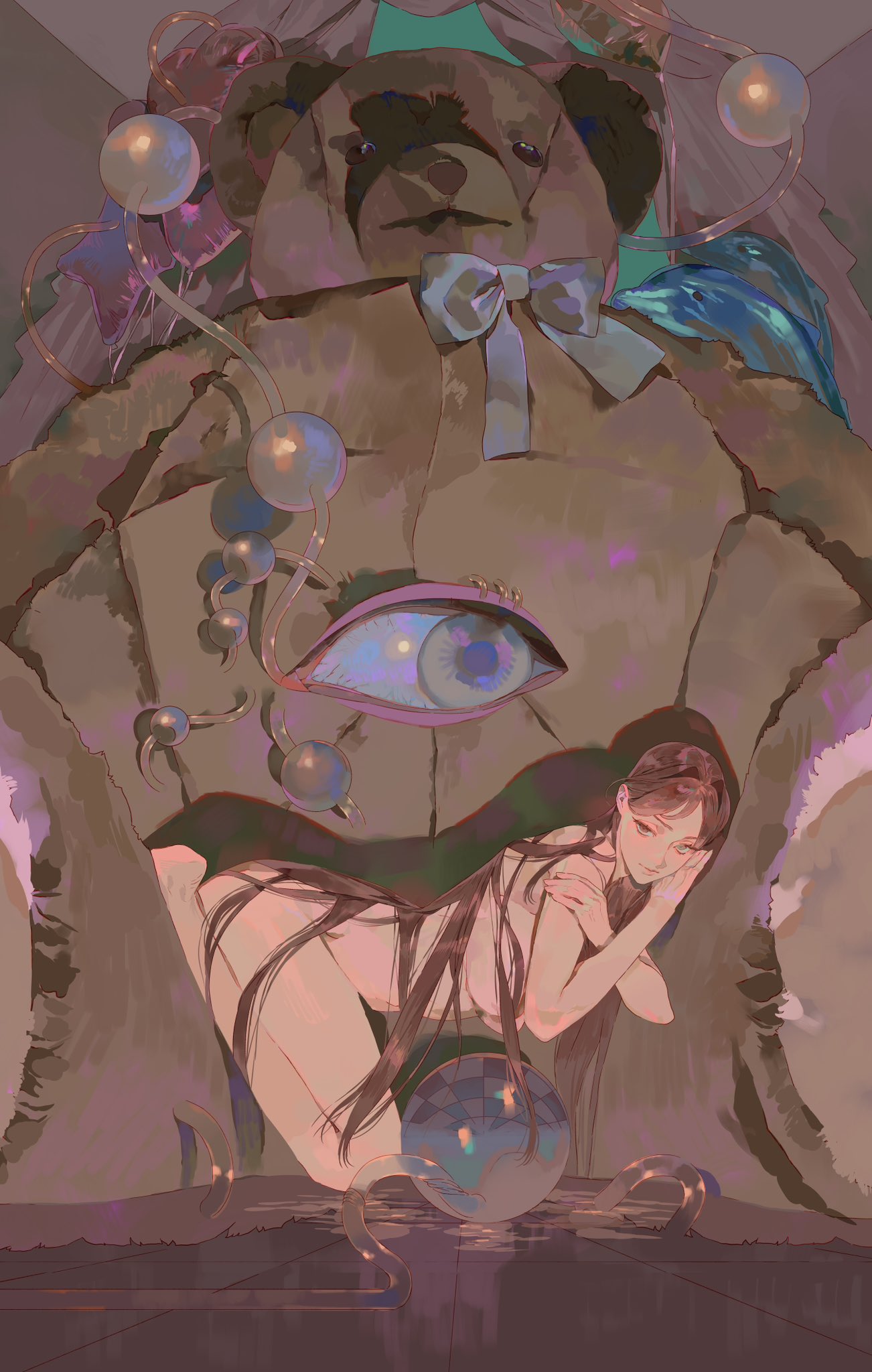 the image is a surreal illustration featuring a large teddy bear in the background. in the foreground, a nude woman with long hair is lying down within the bear's embrace, near a stylized eye. the scene is dreamlike and melancholic, rendered in soft colors with fantasy elements like floating balls and a ribbon around the bear's neck. the overall feeling is ambiguous and introspective.