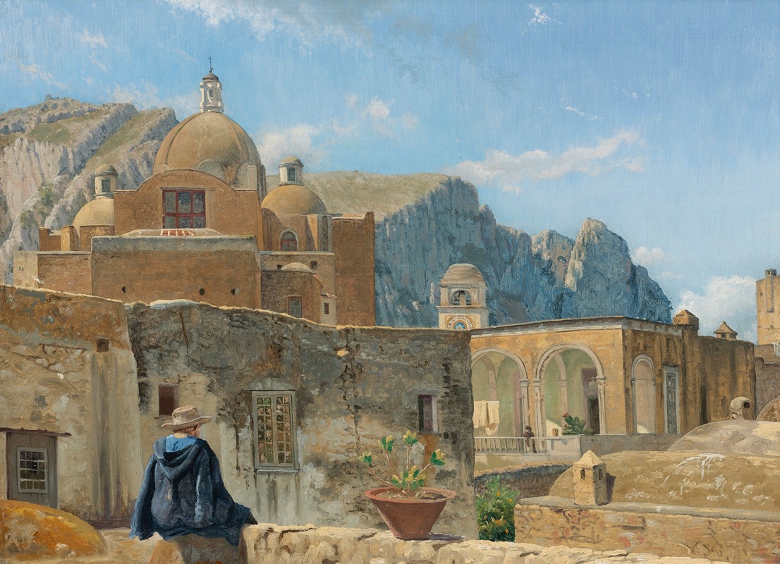 the painting depicts a cityscape featuring a church with prominent domes and a backdrop of mountains. a man wearing a hat and dark cloak sits on a wall in the foreground, overlooking the scene. the architecture includes various buildings with rooftops, a courtyard, windows, arches, and a balcony where laundry is hanging. a terracotta pot with a plant is also visible. the sky is blue with light clouds.