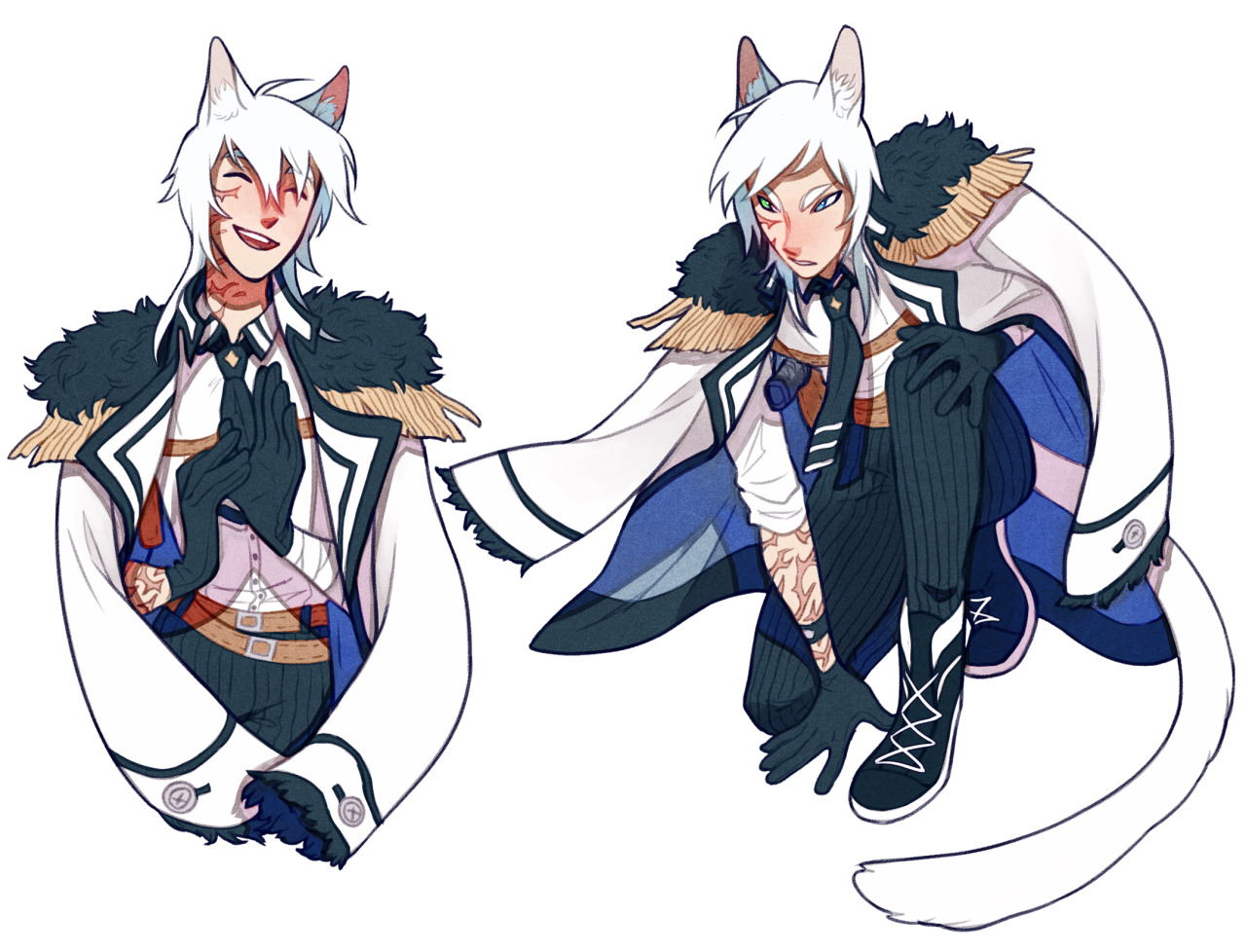 the image shows two different poses of the same original character, who is a young man with heterochromia. his right eye is blue, and his left is amber. he is designed with white cat ears and a matching tail. he has short white hair, mostly obscuring his right eye, which has a scar underneath it. he is wearing a white, blue and gold navalinspired uniform with black gloves. he is smiling gently in both images, and facing slightly to the left. the image on the right is posed more dynamically, with the character crouching and facing slightly towards the viewer.