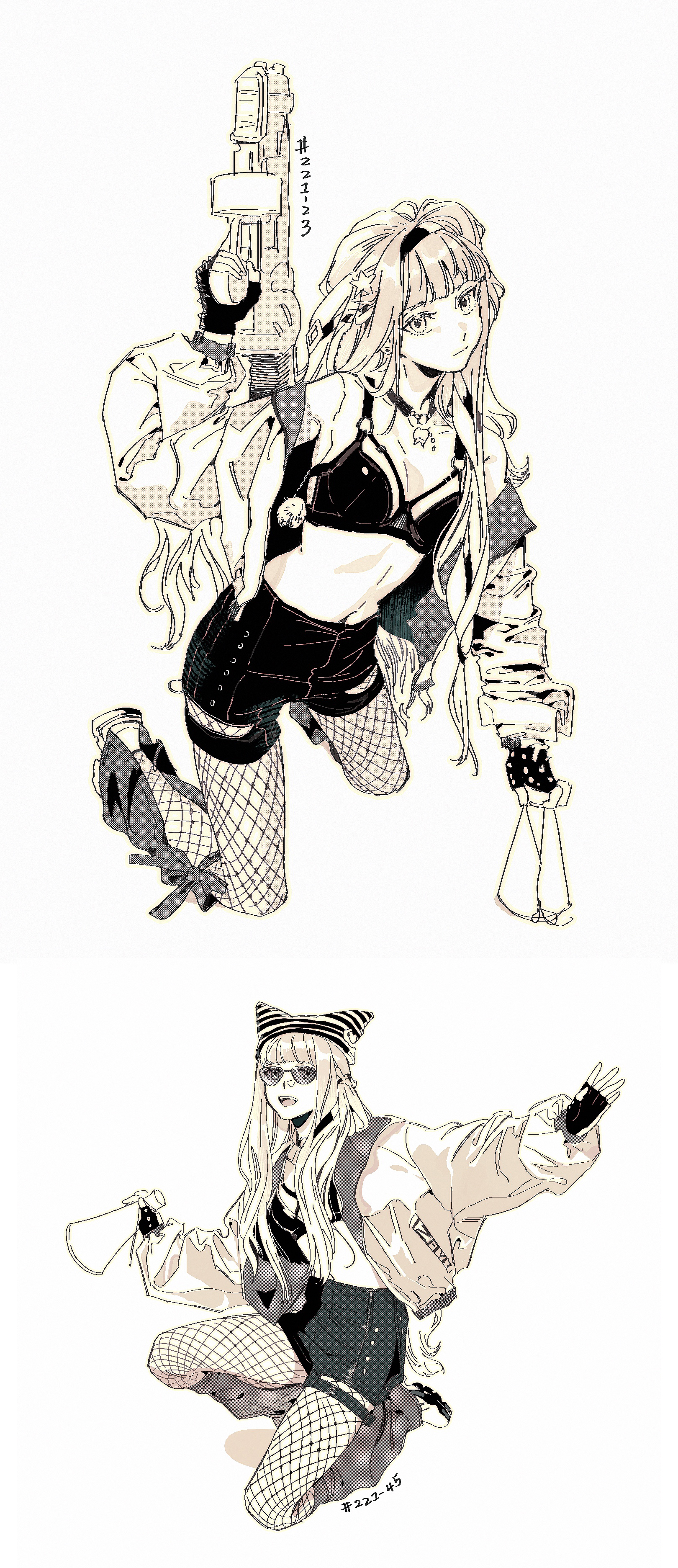 this image is an anime illustration of two girls. the girl in the top of the image is wearing a black shirt, black shorts, fishnet stockings, a black hat, and a jacket. the girl is holding a toy gun in her right hand and is posing with one leg raised. the girl on the bottom of the image is wearing a black hat, a white shirt, black shorts, fishnet stockings, and a jacket. the girl has her left leg bent, and is holding a megaphone in her right hand. both girls have long blonde hair.