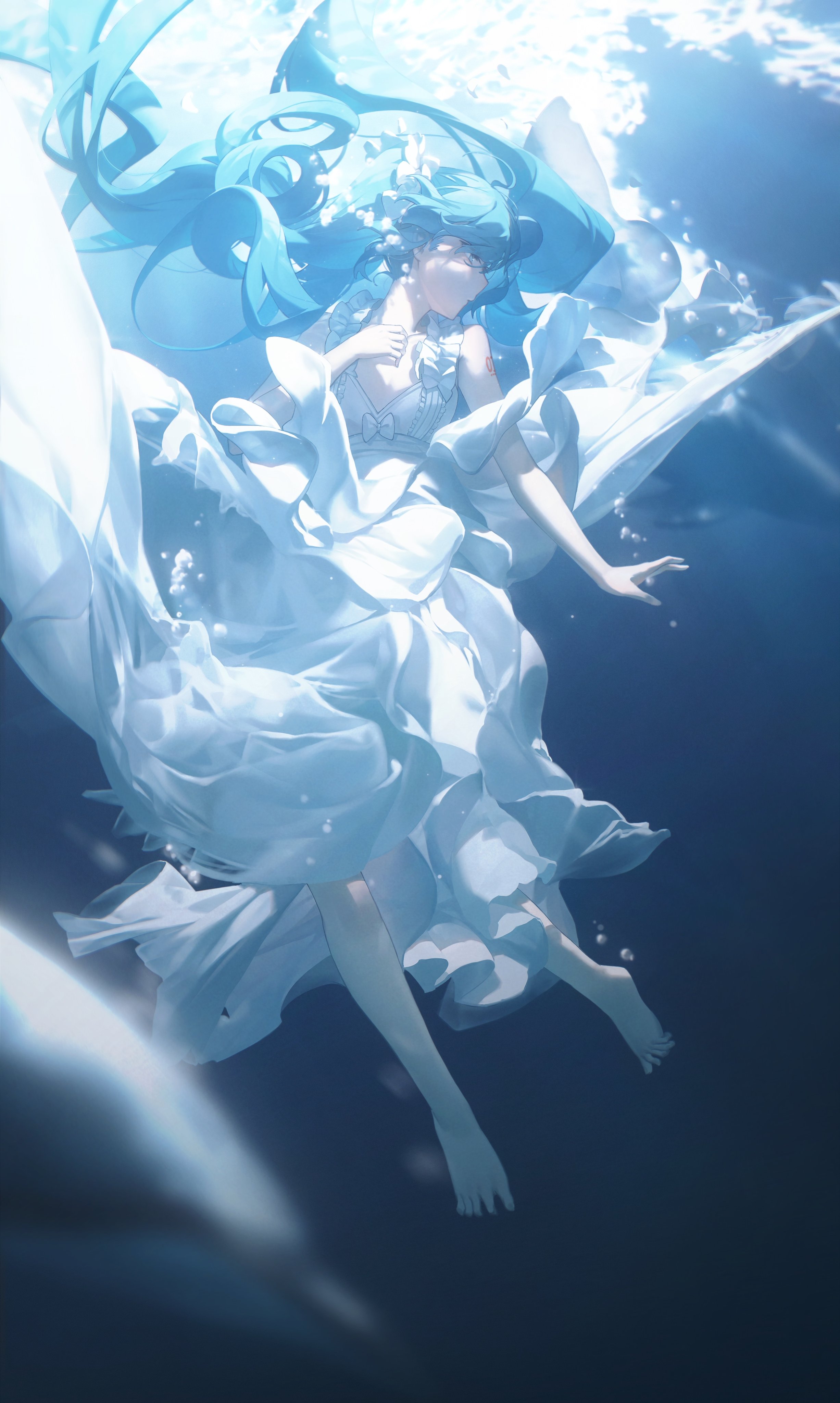 a digital artwork depicts a woman with long, flowing blue hair, dressed in a billowing white dress, underwater. the woman appears to be floating serenely, with light filtering through the water and creating a dreamy atmosphere. the style is reminiscent of anime, with a focus on soft colors and graceful lines. small bubbles are visible in the water, adding to the sense of movement and immersion.