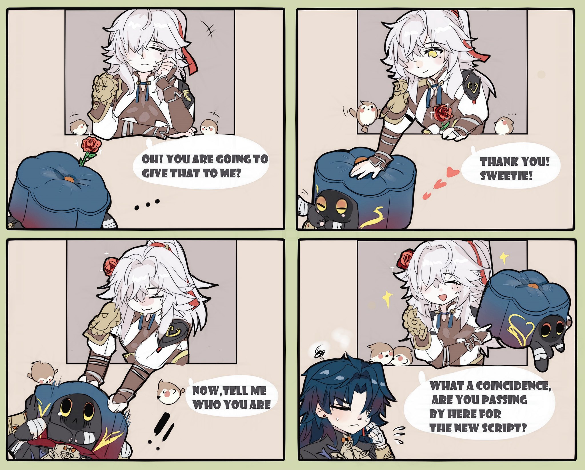 this is a comic featuring two genshin impact characters, albedo and itto. albedo is giving itto a flower and itto is surprised and happy. the comic has a humorous tone and suggests that albedo may be giving itto a gift or a present, which he is surprised and grateful for. the last panel shows itto's reaction to albedo's present and a caption that suggests albedo's arrival could be related to a new script, possibly hinting at an upcoming story or event within the game. the artwork features animestyle characters and a playful use of exaggerated expressions and sound effects, adding to the lighthearted atmosphere of the comic.