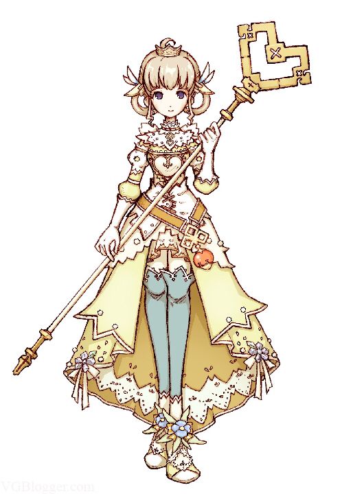 he image shows a digital illustration of a young animestyle girl character. she is dressed in a long, elaborate yellow dress with pastel accents and lace details. the dress features a heartshaped bodice and is complemented by light blue tights and shoes adorned with flowers.  she holds a long staff topped with a stylized golden heartshaped key. the art style is delicate and whimsical, with soft lines and pastel colors. the overall aesthetic suggests a fantasy or magical setting.