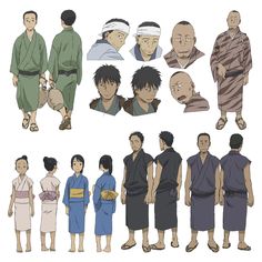 this image showcases character designs for an anime or manga. there are 13 distinct characters, both male and female, all depicted in traditional japanese clothing, specifically kimonos. some characters are shown in fullbody poses, while others are presented as headshots, highlighting facial features and expressions. the character designs are drawn in a clean and detailed style, capturing a range of ages, genders, and personalities. the overall impression suggests a japanese historical or fantasy setting, possibly drawing inspiration from edoera japan.
