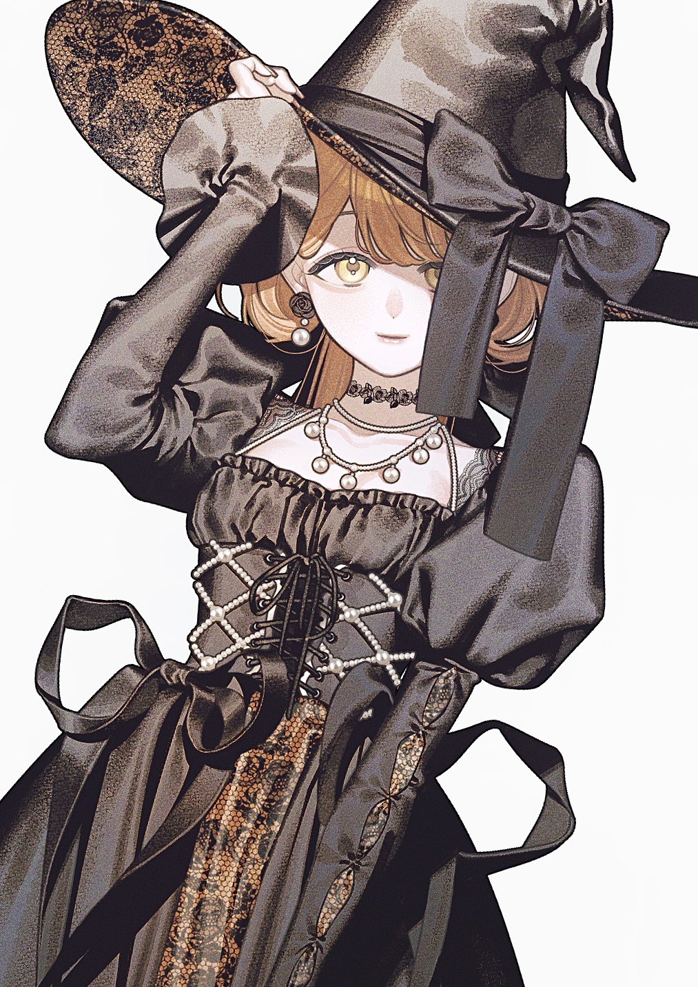 the image is an illustration of an animestyle girl dressed as a witch. she's wearing a large black witch's hat with a brown and black patterned brim and a large black bow. her dress is black with brown lace and pearl accents, featuring a corsetlike bodice. the girl has long brown hair, golden eyes, and is wearing pearl earrings and necklaces. the style is elegant and detailed, with a focus on the character's attire and accessories.  the background is plain white, highlighting the character. the overall mood is mystical and enchanting.