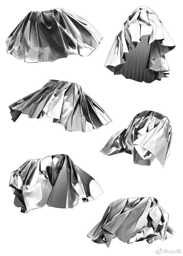 a collection of illustrations showing different arrangements and types of fabric, specifically skirts with pleats and folds. the fabrics are rendered in shades of gray, suggesting a shiny or metallic material.
