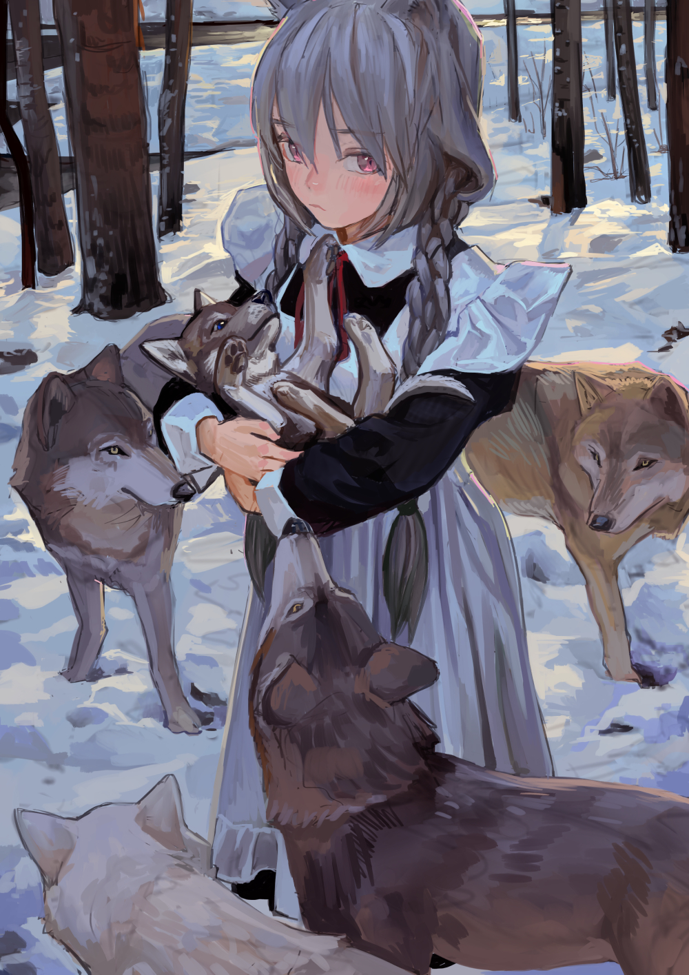 an animestyle image shows a girl with wolf ears and gray braided hair holding wolf pups in her arms. she is wearing a maidlike dress with black sleeves and a white apron. several adult wolves surround her in a snowy forest setting. the wolves seem curious about the pups she is holding. the style of the image is reminiscent of manga or anime art, with soft shading and expressive eyes.