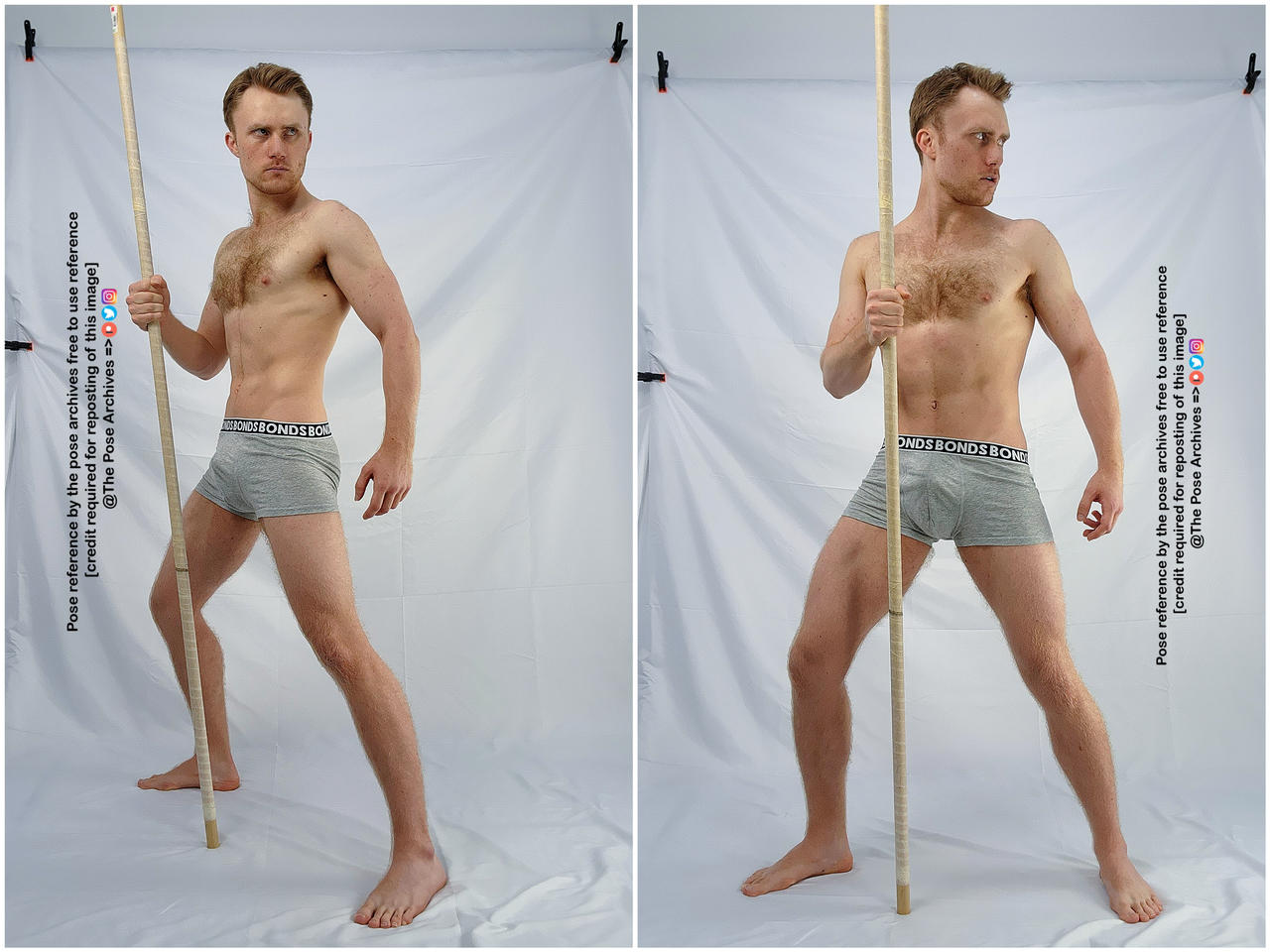 a collage of two images shows a muscular man in grey underwear standing against a white background. he holds a long wooden staff in both hands and adopts a fighting stance, looking intently to his right. the two photos capture slightly different angles of the same pose.