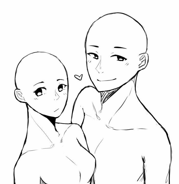 a line art drawing of an anime couple. the female is on the left and the male is on the right. they are looking at each other. there is a heart above the female's head. the drawing is just a base sketch.