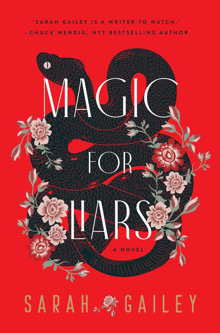 the book cover features a black snake with a white outline, wrapping around the title "magic for liars". the snake is adorned with red and pink flowers, and the background is a solid red. the author's name, "sarah gailey" is written in a serif font at the bottom of the cover, and "a novel" is at the bottom of the title.  above the title, there is a quote from a famous author that praises the work of sarah gailey. the cover is designed to be eyecatching and intriguing, and it reflects the fantastical nature of the story.