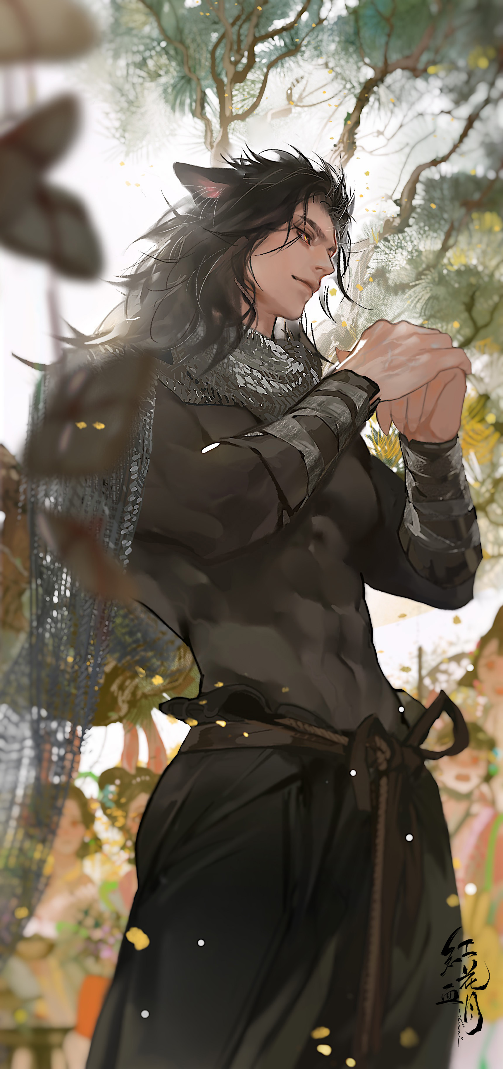 the illustration showcases a muscular young man with flowing black hair and wolf ears, suggesting a mythical creature or fantasy setting. he's positioned outdoors, amidst a forest setting, bathed in soft, natural daylight filtering through the trees. viewed from a low angle, the perspective accentuates his strong physique. he wears dark, loosefitting attire reminiscent of traditional east asian clothing, accented with a scarf and belt. his hands are clasped together as if in prayer or contemplation, and his expression is serene yet focused. butterflies flutter gently around him, adding to the ethereal atmosphere of the scene.