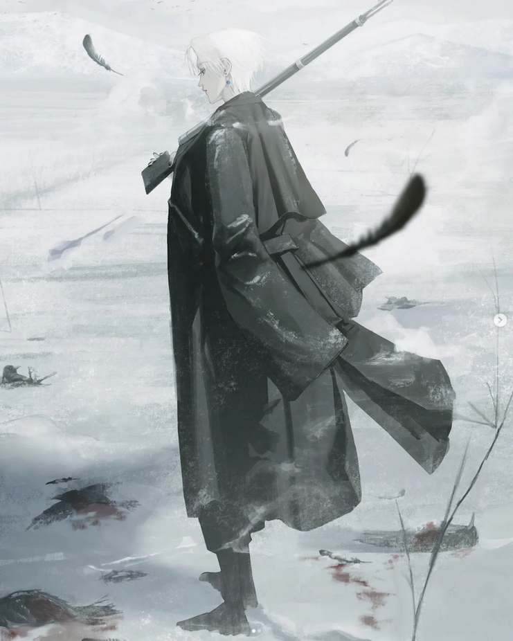 this is an anime style illustration of a female character with white hair standing in a snowy landscape. she is wearing a long black coat and is holding a gun. the background is a snowy field with some blood stains on the ground. the image is set in a cold, bleak and lonely setting.  the character seems sad and lonely, possibly lost and looking for a way out.  the white hair and black coat contrast with the cold grey background, creating a stark and dramatic image.