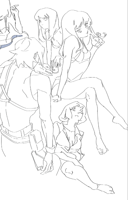 this is a black and white illustration of four anime characters, three female and one male, in casual wear. they are all posed in a way that suggests a sense of carefree fun and friendship. the characters are outlined in a simple and elegant way, creating a clean and abstract look.