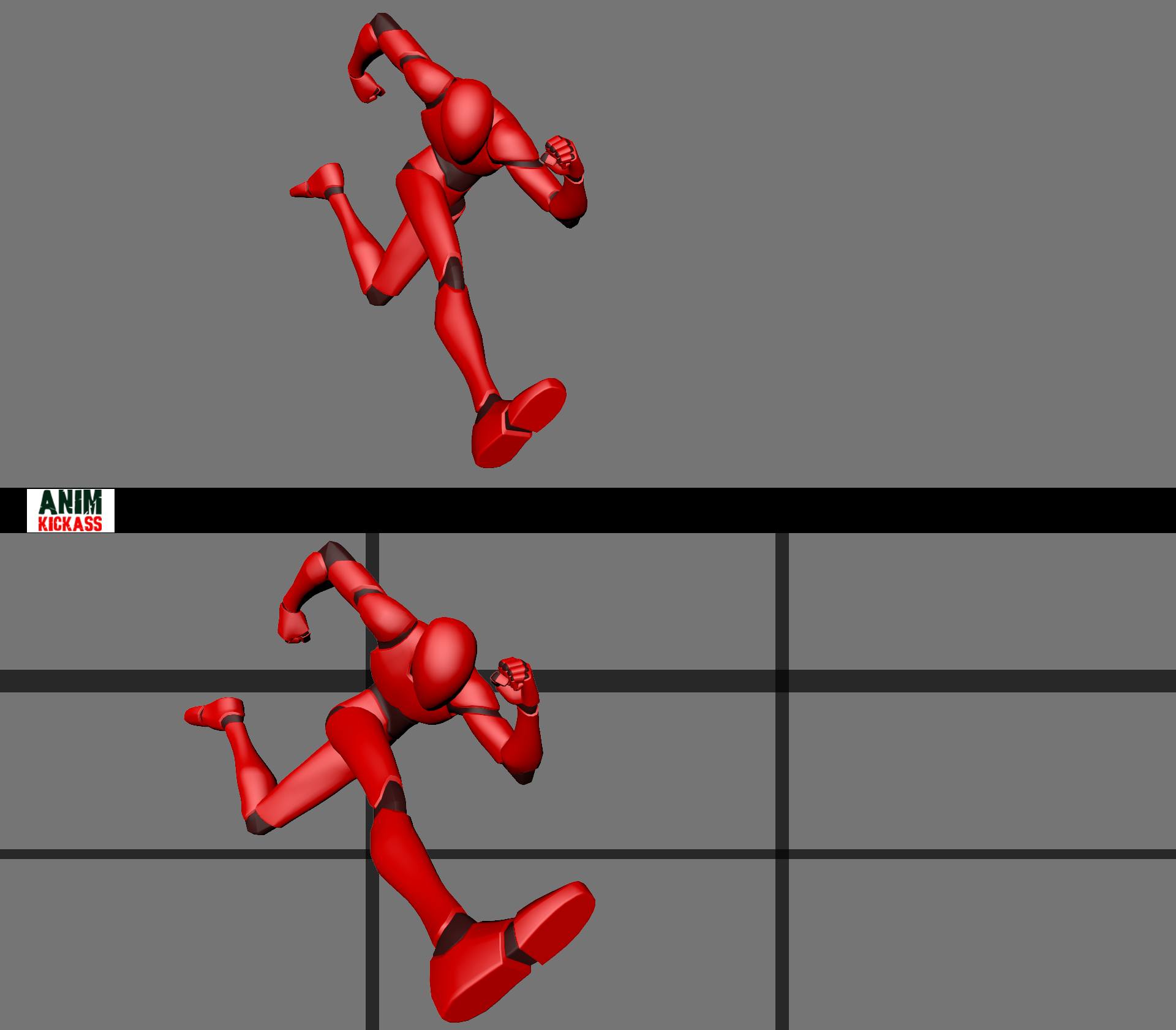 the image shows two 3d rendered figures of a red animated character in a running pose. the top figure is positioned in a blank gray space, while the bottom figure is running on a gray surface divided by black lines. both figures are in the same running position, with one leg extended forward and arms bent. the image appears to be showcasing animation movement.