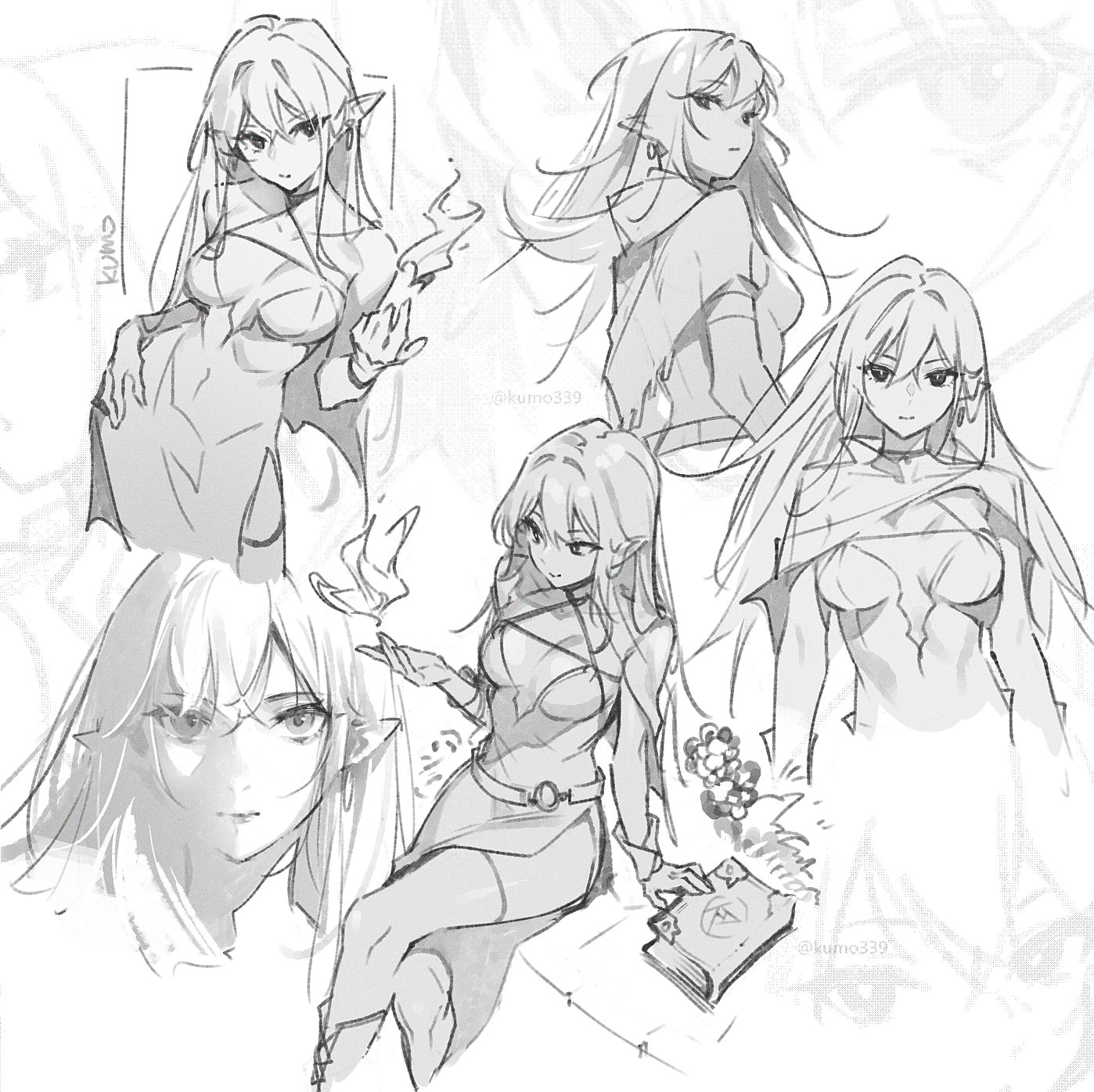 the image features a collection of sketches in an anime or manga style, depicting a female elf character in various poses. the character has long, flowing hair and pointed ears, a typical characteristic of elves. some sketches show her seated with a book, suggesting a magical or scholarly theme, while others display her in different outfits and actions. the style is loose and expressive, conveying a sense of dynamism and character exploration. the overall composition creates a visually appealing collage of the elf's design.