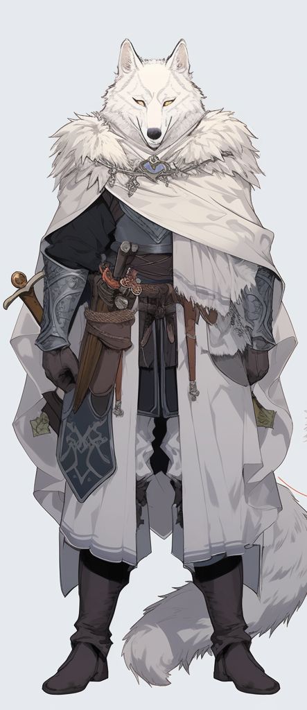 a white wolf anthro warrior, dressed in heavy armor and a white cloak, stands with a sword in hand. the warrior looks to be ready for battle, with a determined expression on his face. the warrior's fur is fluffy and white, and his armor is detailed and intricate. the warrior's sword is sharp and dangerous, and his cloak is flowing in the wind. the warrior's presence is both imposing and majestic.