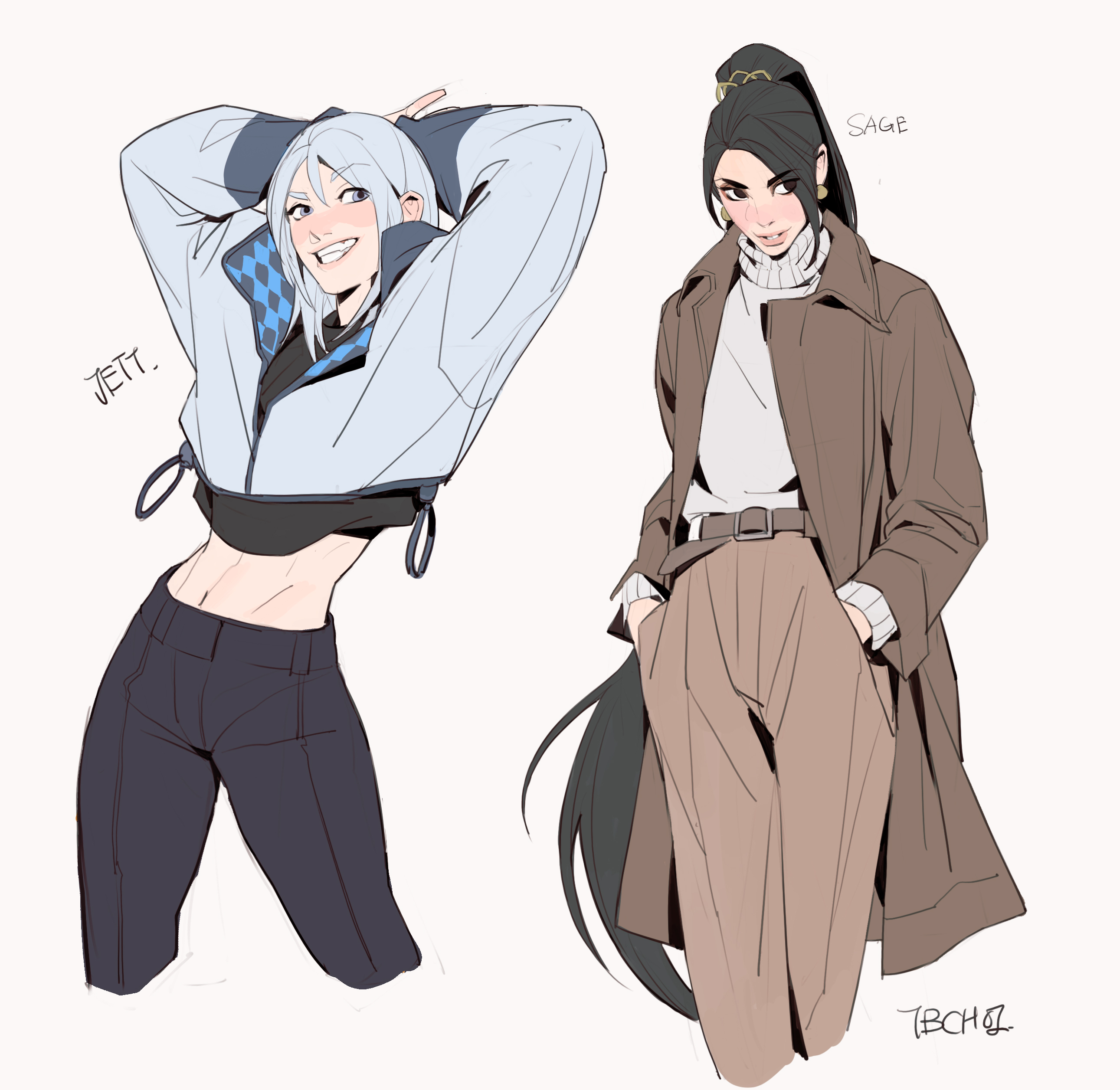 the image features a digital drawing of two animestyle female characters. the character on the left, labeled "jett," is depicted in a more casual, streetwear outfit featuring a cropped light blue jacket with checkered details and dark pants.  she has short, white hair and is posing confidently. the character on the right, labeled "sage," is wearing a more sophisticated outfit, a brown overcoat over a creamcolored sweater and taupe highwaisted trousers. she has long, dark hair tied up in a ponytail. both characters are rendered with a stylized, slightly simplified aesthetic, emphasizing fashion and pose.  the art style is clean and modern, with soft shading and line work.