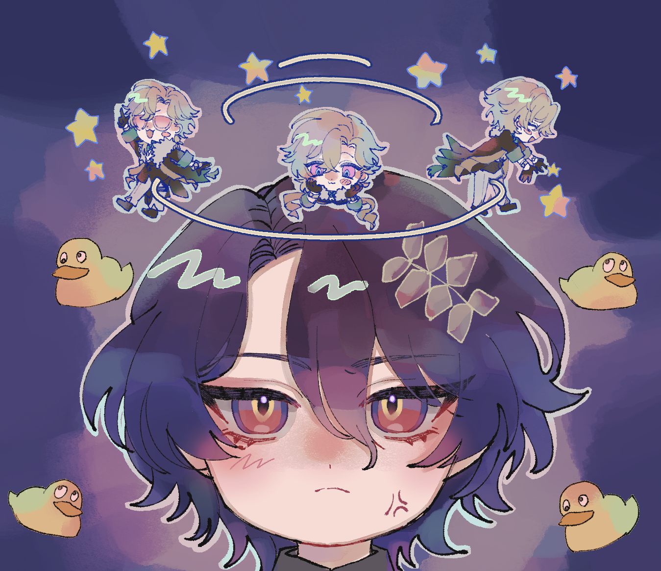 the image is a digital fanart illustration in a chibi anime style.  the central figure is a young boy with purple hair and a somewhat annoyed expression.  above his head, smaller versions of another boy character in different poses and outfits are orbiting or floating.  surrounding the main character and the smaller characters are yellow rubber duckies and stars, creating a whimsical and slightly surreal atmosphere. the style is soft, colorful, and has a slightly dreamy quality. the overall impression is cute but with a subtle hint of frustration or dizziness.