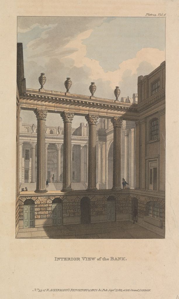 an architectural drawing of the interior view of a bank. the image features classical architecture with prominent columns, urns, and a cityscape view visible through the colonnade.