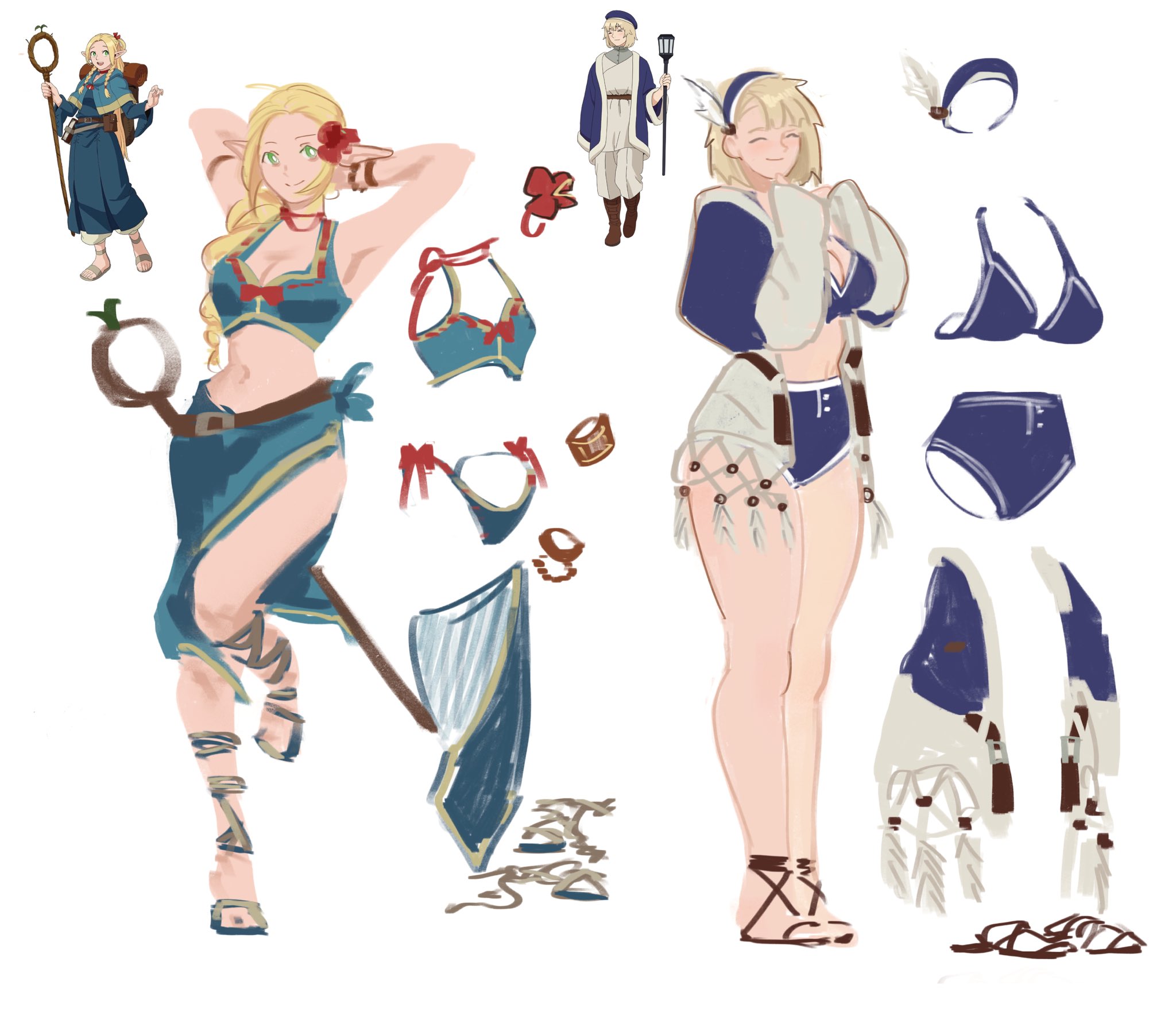 the image shows two anime girls in different outfits. one is wearing a blue and red bikini top with a white skirt and a long blue shirt. she is holding a staff with a blue crystal on the top, and has a flower on her ear. the other girl is wearing a white longsleeved shirt with a white collar and a blue bra and skirt. she is wearing sandals and has a white headband with feathers on it.  both of the girls are depicted in different poses and angles.