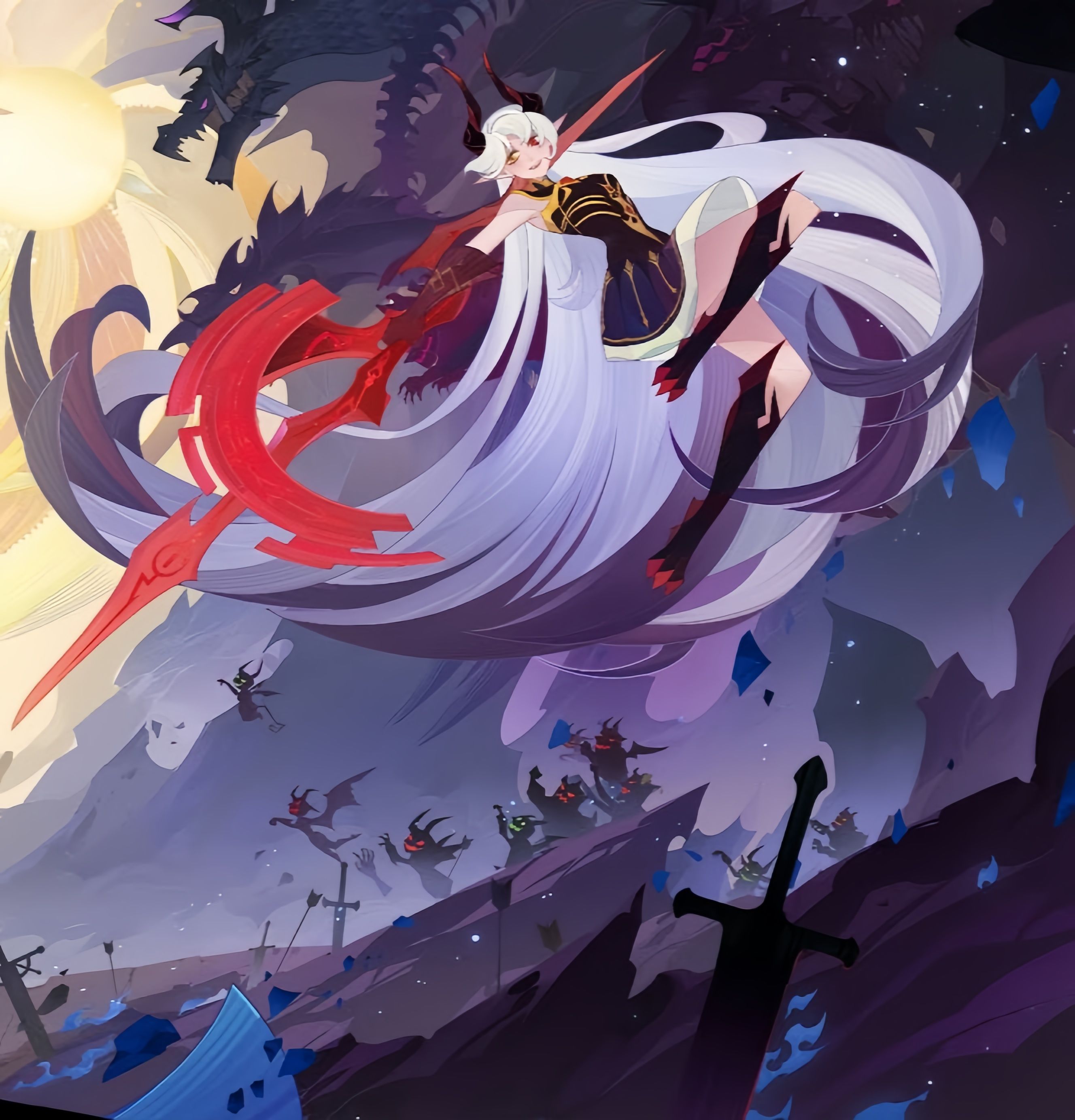 the illustration features a powerfullooking demon girl with long white hair, red eyes, and horns, clad in black and gold armor. she wields a large, red, bladed weapon and floats above a shattered battlefield, a glowing sun illuminating her from behind. an army of smaller demons can be seen below, seemingly vanquished, amidst shattered ground, broken swords, and floating debris. the overall palette is dark with high contrast, creating a dramatic and epic atmosphere.