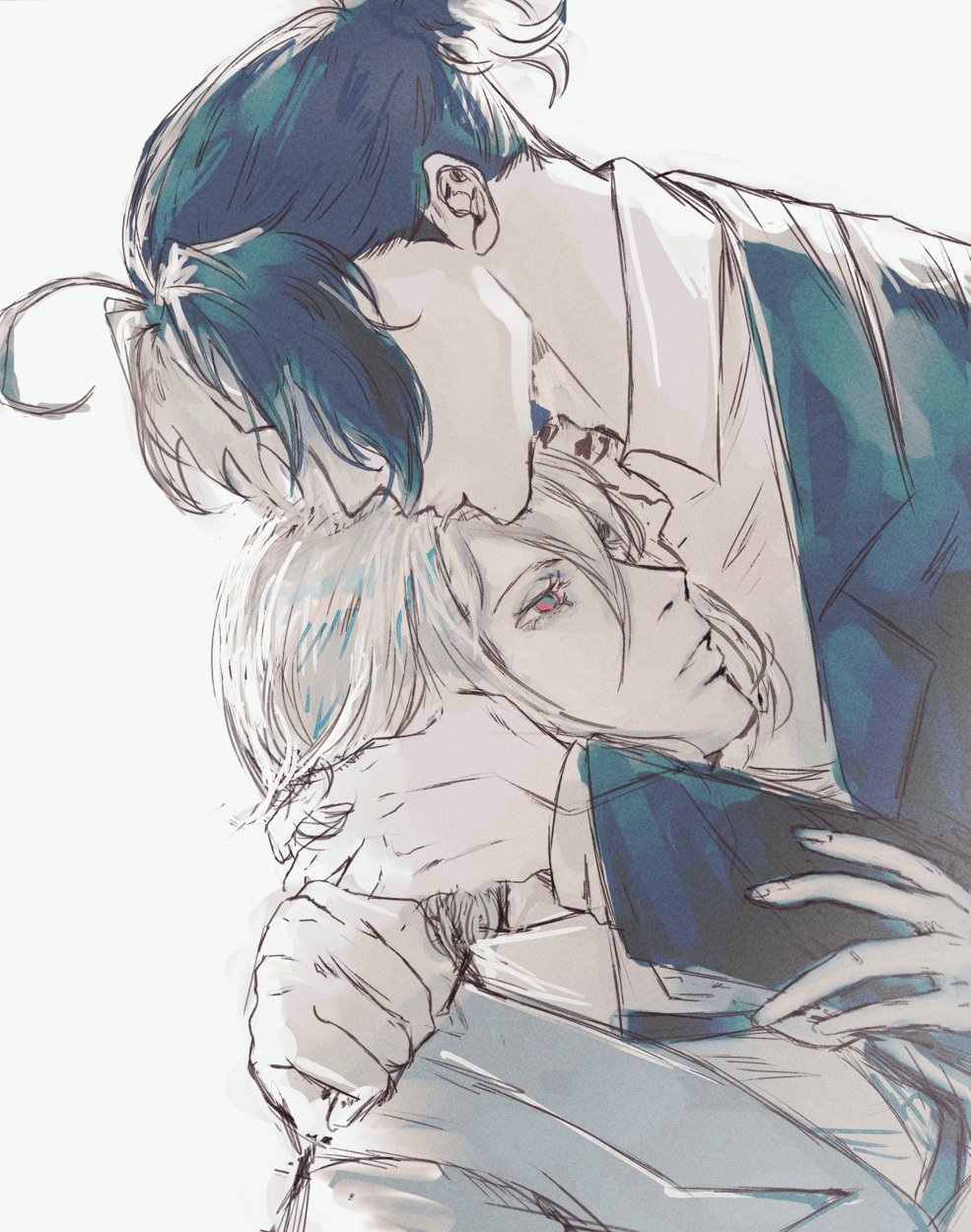 the image depicts two anime boys in a tender embrace. the boy with dark hair is leaning down to kiss the boy with white hair on the forehead. they are both dressed in suits, and the image is drawn in a soft, grayscale style with a blue tint. the overall feeling of the image is one of love, affection, and intimacy.