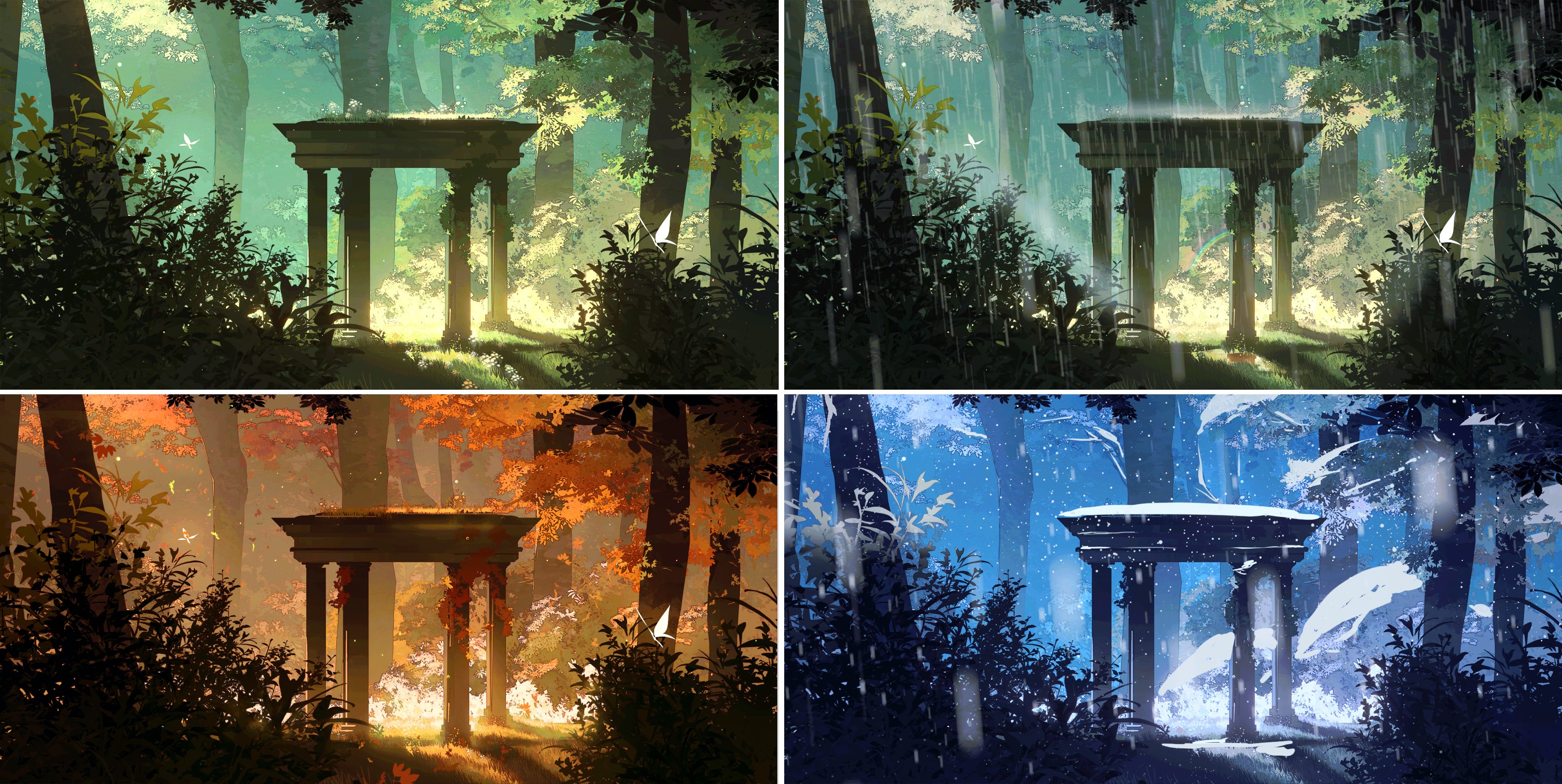 the four images are showing an ancient stone ruin in a forest during the four seasons. spring is in the top left, summer in the top right, autumn in the bottom left, and winter in the bottom right.  the seasons are conveyed through the use of color and foliage. the time of day is the same in all four images. the perspective of all four is nearly identical as well.