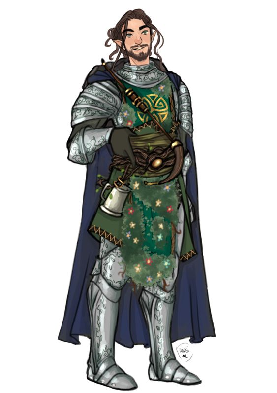 a digital drawing of a male elf dressed as a knight in silver plate armor. the elf is smiling and has one hand on the pommel of his sword. he has brown skin and long dark brown hair tied up in a bun with a braid wrapped around his head. he wears a breastplate decorated like a christmas tree over a chainmail hauberk, with a blue tabard over that. he has a wooden tankard with a shamrock on it attached to his belt and a bow and quiver slung on his back.