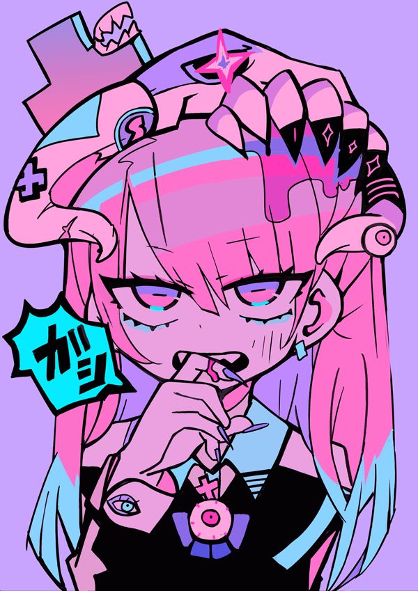 the image is a digital illustration of an anime girl with pink and blue hair, wearing a black outfit with a large eye pendant. she has a  'kawaii' (cute) expression on her face and is touching her mouth with her finger. the image is drawn in a bright and colorful style with bold lines and flat colors.